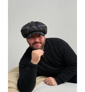 Dark Blue Check Newsboy Cap...
